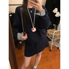 批发休闲套装女简约格子拼接套头卫衣早秋抽绳半身短裙两件套
