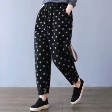 批发高腰波点<b class='q'>印花</b>灯芯绒休闲裤女宽松大码<b class='q'>哈伦裤</b>条绒裤女