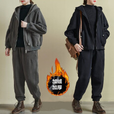 批发加绒加厚运动套装女秋冬季<b class='q'>大码</b>宽松时尚连帽卫衣休闲服两件套