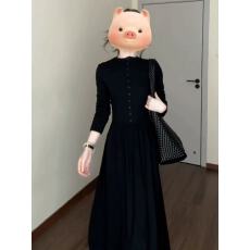 批发法式高级黑色长袖<b class='q'>连衣裙</b>子女早秋季2025新款收腰内搭打底长裙