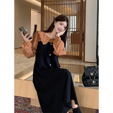 批发实拍大码长袖百搭A字长裙撞色松弛感娃娃领洋气<b class='q'>连衣裙</b>