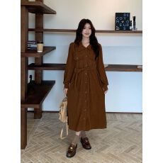 批发实拍法式赫本灯芯绒大码<b class='q'>连衣裙</b>长袖显瘦气质中长款裙