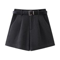 批发灰色毛呢西装短裤女秋冬2025新款小个子显瘦宽松高腰a字阔腿裤子