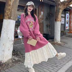 批发甜美风蕾丝拼接长袖卫衣裙女2025秋季新款韩版宽松减龄长款<b class='q'>连衣裙</b>