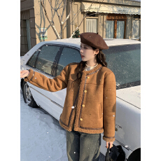 批发皮毛一体<b class='q'>外套</b>2025冬季<b class='q'>新款</b>女装韩版小个子短款加绒圆领羊羔毛上衣