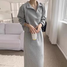 批发韩国chic秋季复古简约半拉链抽绳长袖卫衣+后开叉直筒半身裙套装