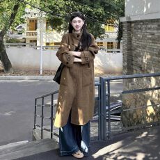 批发韩系复古牛角扣<b class='q'>中长款</b>呢子大衣女秋冬新款小个子宽松立领毛呢外套