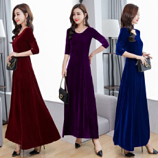 批发春秋冬新款金丝绒<b class='q'>连衣裙</b>气质长款圆领长袖旗袍大码女打底裙长裙子