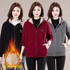 批发妈妈外套女秋冬短款加绒加厚冬装卫衣冬季中年保暖<b class='q'>上衣</b>40岁50秋装
