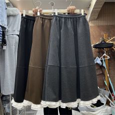 批发韩系松紧腰花边拼接毛呢半身裙女2025秋冬新款高腰显瘦A字中长裙