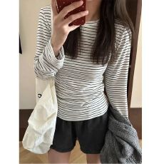 批发螺纹德绒黑白撞色条纹长袖<b class='q'>t</b><b class='q'>恤</b>女秋冬韩系修身显瘦上衣