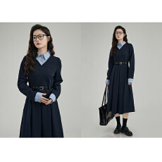 批发拼接假两件<b class='q'>连衣裙</b>女冬季新款设计感复古褶皱收腰裙子