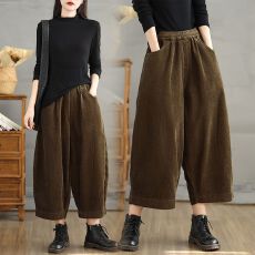 批发大码胖mm灯芯绒<b class='q'>九分</b>阔腿裤女秋冬新款复古休闲宽松高腰显瘦<b class='q'>哈伦裤</b>