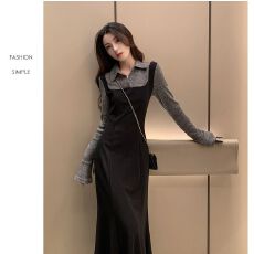 批发250克新氧棉拼针织+拉链一法式polo领<b class='q'>连衣裙</b>新款假两件爆款长裙子