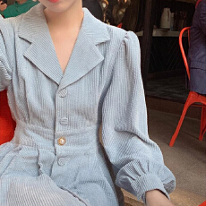 批发春装新款女装法式<b class='q'>西装</b>领设计感可甜可盐中长裙子灯芯绒连衣裙