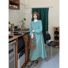 批发chic粉色灯芯绒连衣<b class='q'>裙</b>女秋季新款洋气收腰<b class='q'>灯笼</b>袖淑女A字<b class='q'>裙</b>子