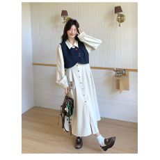 批发法式气质穿搭牛仔马甲<b class='q'>连衣裙</b>套装女2025秋季新款衬衫裙超火两件套