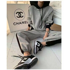 批发韩国chic2025秋<b class='q'>冬</b>新品拼色松紧腰加绒休闲卫裤+时尚上衣两件套装