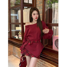 批发新春新款长袖露肩不规则上衣套装<b class='q'>两件套</b>短裙格纹斜肩连衣