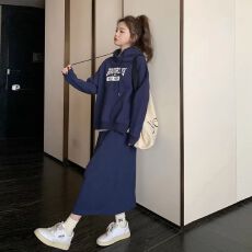 批发秋季<b class='q'>大码</b>显瘦洋气减龄套装裙女连帽卫衣半身裙两件套胖mm200斤300