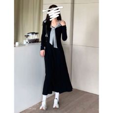 批发2025新款早秋韩系氛围感气质法式高级时髦洋气黑色假两件<b class='q'>连衣裙</b>