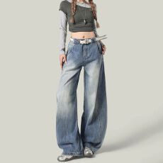 批发街头<b class='q'>个性</b>休闲潮流ins阔腿牛仔裤女宽松显瘦<b class='q'>时尚</b>磨白弯刀牛仔裤潮