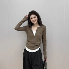 批发春<b class='q'>秋</b>季新款假两件拉链T恤长袖设计修身撞色褶皱显瘦打底上衣小衫