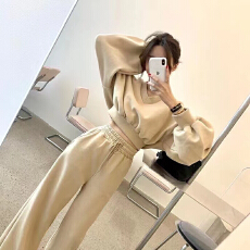 批发韩ins薄款休闲两件套装宽松v领灯笼袖短款卫衣松紧高腰阔腿裤