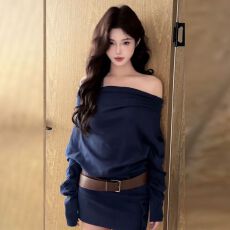 批发纯欲风性感一字肩长袖<b class='q'>连衣裙</b>女秋季新款裙子收腰显瘦针织包臀短裙