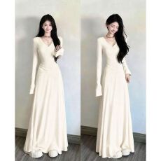 批发简约千金感V领长袖针织<b class='q'>连衣裙</b>秋冬季新款高级感显瘦内搭A字长裙