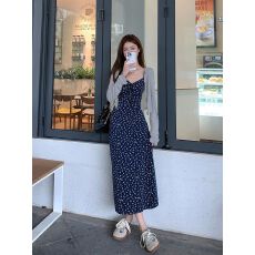 吊带裙+开衫气质温柔韩版显瘦碎花连衣裙女开衫吊带长裙两件套