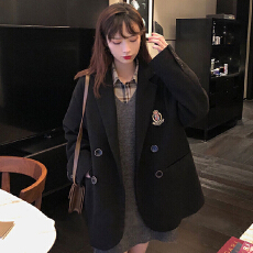 批发2025秋冬新款韩版宽松黑色中长款徽章毛呢外套<b class='q'>女</b><b class='q'>西装</b>领呢子大衣