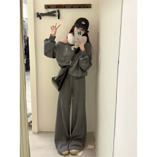 批发松弛感露肩套头长袖卫衣宽松纯色百搭休闲长裤女秋冬新款时尚套装