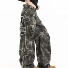 批发美式复古迷彩牛仔裤女春季高腰宽松阔腿裤休闲百搭拖地裤<b class='q'>长裤</b>