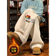 批发秋冬宽松百搭羊羔绒<b class='q'>韩版</b>刺绣直筒长裤男女垂感阔腿加绒加厚卫裤潮