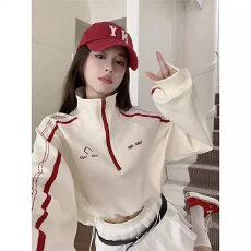 批发甜辣妹立领长袖<b class='q'>卫衣</b>女秋季韩版2026新款运动风撞色短款抽绳上衣