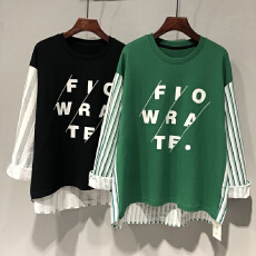 批发2026款假两件t恤男<b class='q'>女</b>装春秋季小衫条纹衬衫拼<b class='q'>卫衣</b>设计感长袖上衣