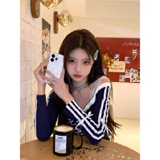 批发官图法式<b class='q'>气质</b>三条杠蝴蝶结v领长袖T恤上衣