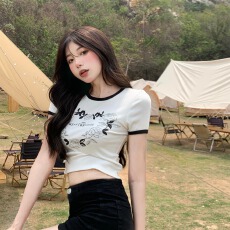 批发已出货 罗纹 春夏新款白色修身<b class='q'>欧美</b>短袖上衣露脐