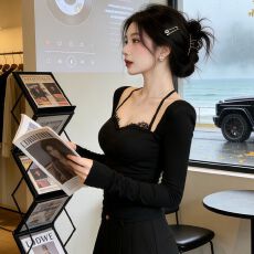 批发官图实价 仿棉 带胸垫韩春秋挂脖露肩长袖t恤辣妹设计感内搭上衣