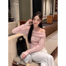 批发蝴蝶结系带修身显瘦长袖T恤女秋季新款气质优雅百搭粉色上衣