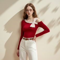 批发人棉270克拼接波点斜肩长袖T恤女冬季蝴蝶结红色修身打底上衣