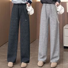 批发时尚秋冬新款阔腿裤女士加绒加厚保暖松紧高腰宽松显瘦<b class='q'>休闲</b>直筒裤