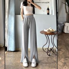 批发灰色开叉阔腿裤子女高腰垂坠感宽松直筒<b class='q'>休闲</b>运动裤女