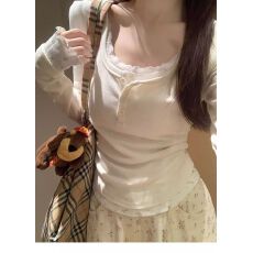 原版做法bm风蕾丝假两件U领长袖t恤女秋季修身别致打底短上衣
