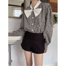 批发撞色蝴蝶结领长袖格子衬衫女宽松韩系甜美学院风泡泡袖上衣