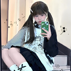 批发210克95棉40s奥戴尔条纹拼接<b class='q'>卡通</b>长袖<b class='q'>t</b><b class='q'>恤</b>女设计小众上衣