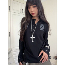 批发210克40支精棉1*1美式<b class='q'>街头</b>亨利领长袖t恤女秋季修身亚文化上衣