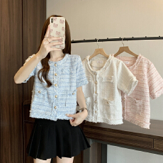 批发实拍小香风外套<b class='q'>女装</b>2026新款粗花呢流苏短款百搭宽松洋气短袖上衣