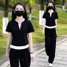 批发休闲<b class='q'>运动服</b>套装女2026夏季新款假两件上衣宽松<b class='q'>显瘦</b>阔腿长裤两件套